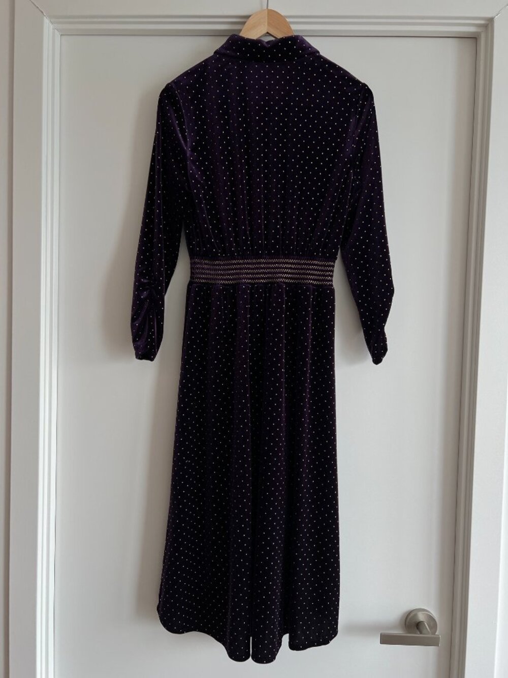 Sandro Paris Purple Velvet Midi Dress Gold Polka Dot XS/S Wedding Guest - Picture 3 of 14
